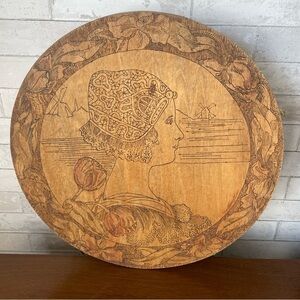 Vintage Dutch Woman Windmill Tulips Pyrography Folk Art Round Wooden Wall Decor